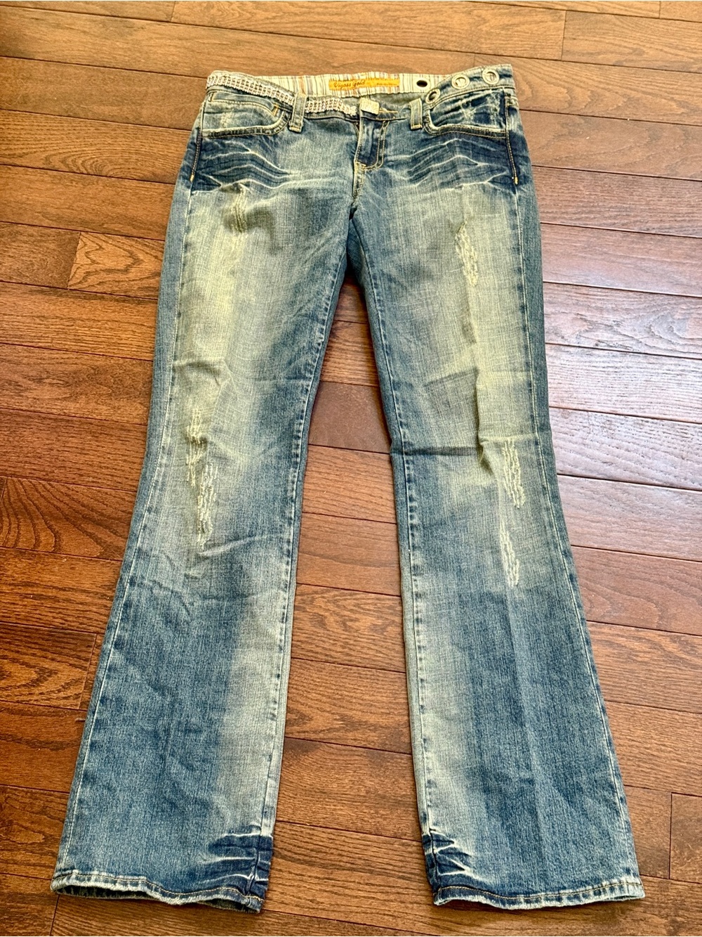 Vigoss Women's Light Blue Distressed Bootcut Jeans with rhinestone accents